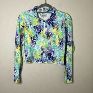 Ibkul Long Sleeve Zip Mock Neck Painted Blue Purple Sun Shirt Women's Size XS